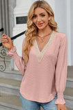 WOMEN GUIPURE LACE TRIM NECK RUFFLE SLEEVE BLOUSE - Doublju