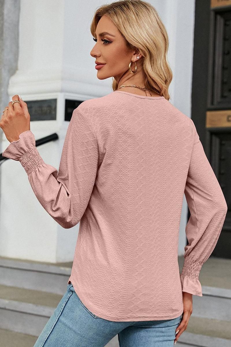 WOMEN GUIPURE LACE TRIM NECK RUFFLE SLEEVE BLOUSE - Doublju