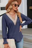 WOMEN GUIPURE LACE TRIM NECK RUFFLE SLEEVE BLOUSE - Doublju