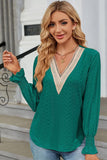 WOMEN GUIPURE LACE TRIM NECK RUFFLE SLEEVE BLOUSE - Doublju