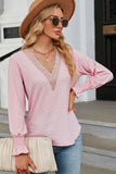 WOMEN GUIPURE LACE TRIM NECK RUFFLE SLEEVE BLOUSE - Doublju