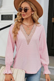 WOMEN GUIPURE LACE TRIM NECK RUFFLE SLEEVE BLOUSE - Doublju