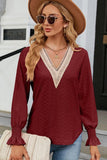 WOMEN GUIPURE LACE TRIM NECK RUFFLE SLEEVE BLOUSE - Doublju
