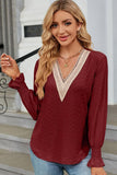 WOMEN GUIPURE LACE TRIM NECK RUFFLE SLEEVE BLOUSE - Doublju
