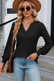 WAFFLE LACE STITCHED V NECK DAILY TOP - Doublju