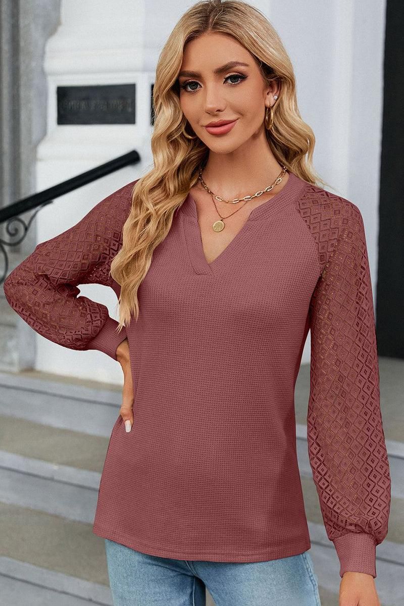 WAFFLE LACE STITCHED V NECK DAILY TOP - Doublju