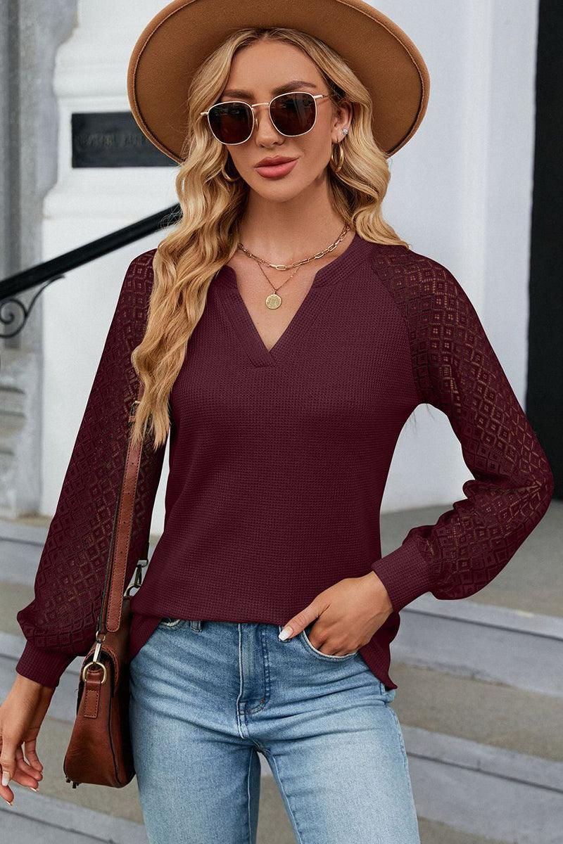 WAFFLE LACE STITCHED V NECK DAILY TOP - Doublju