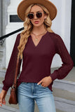 WAFFLE LACE STITCHED V NECK DAILY TOP - Doublju