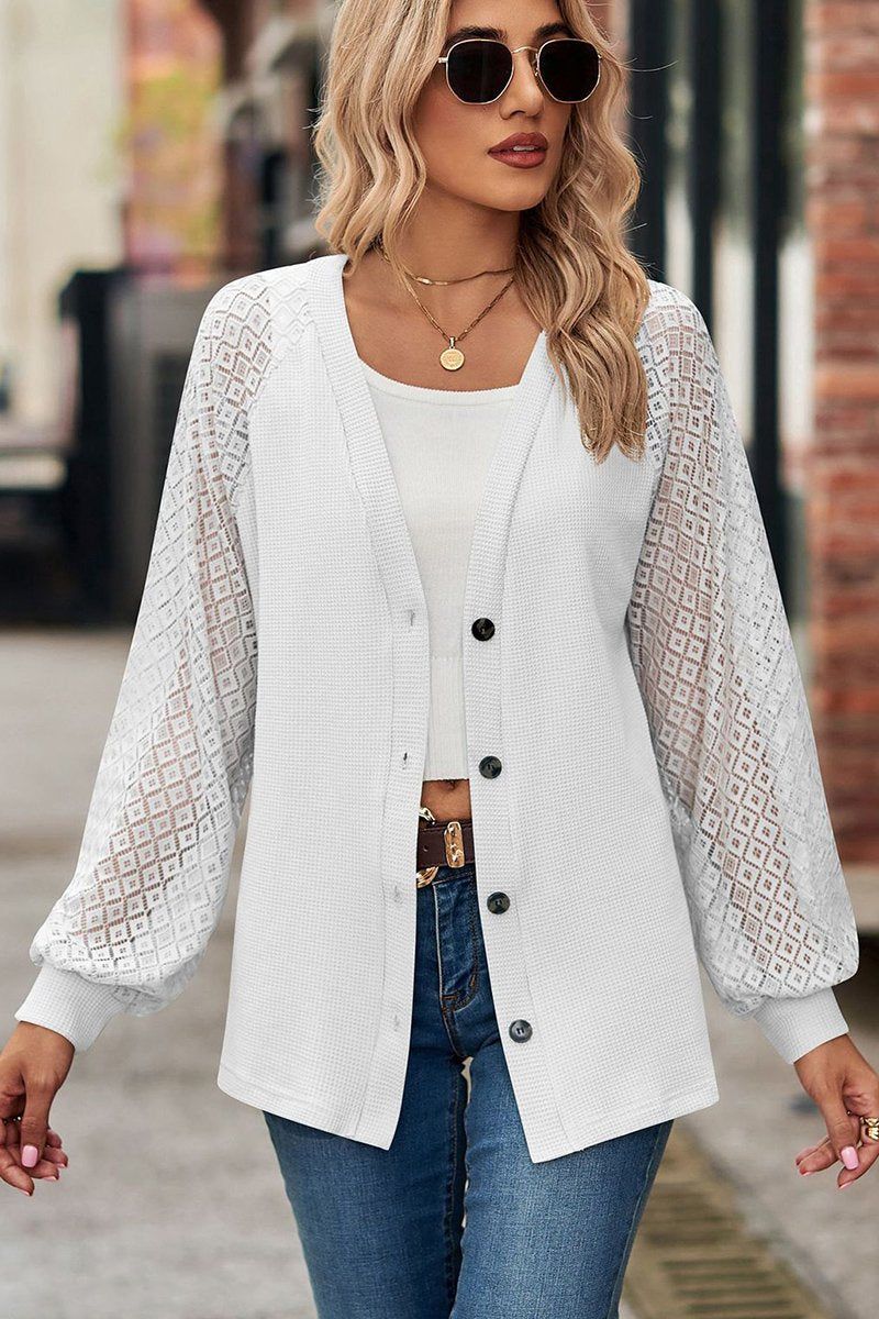 WOMEN LACE TRIM SLEEVED BUTTON UP SHIRT