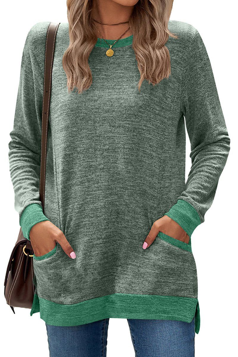 WOMEN ROUND NECK PULLOVER TOP WITH POCKETS