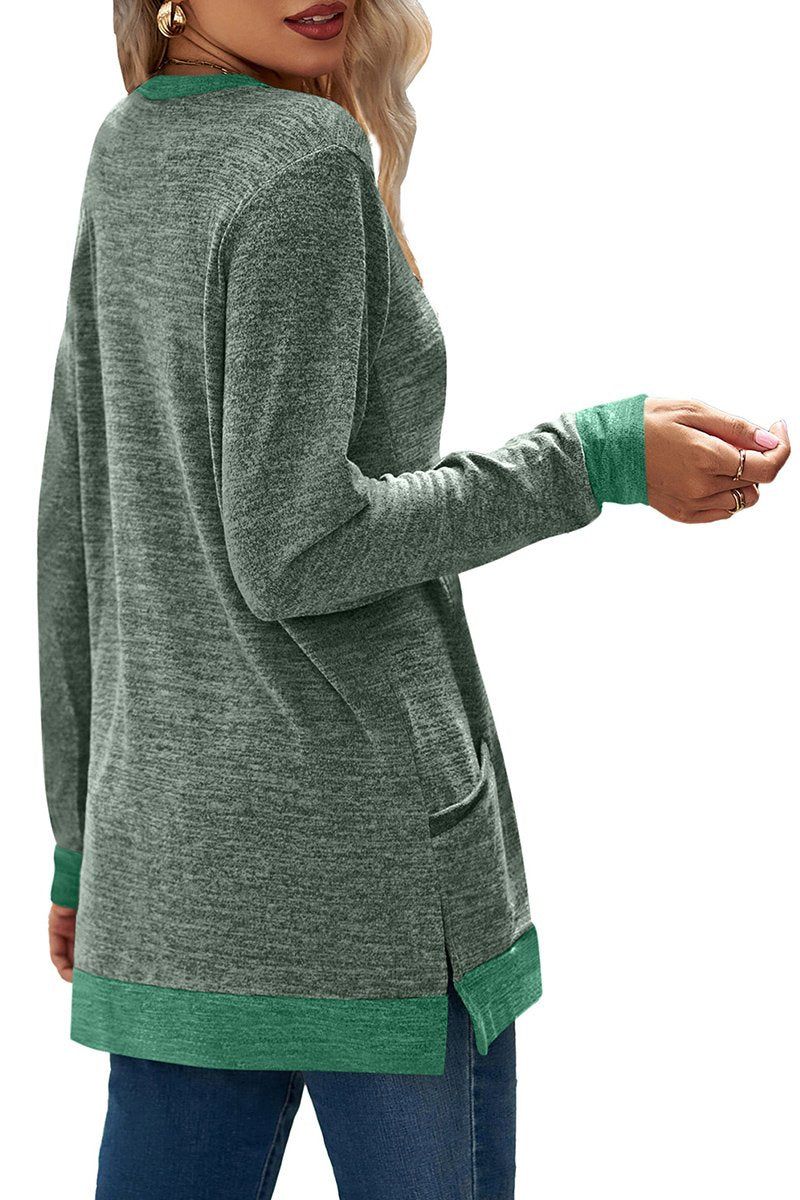 WOMEN ROUND NECK PULLOVER TOP WITH POCKETS