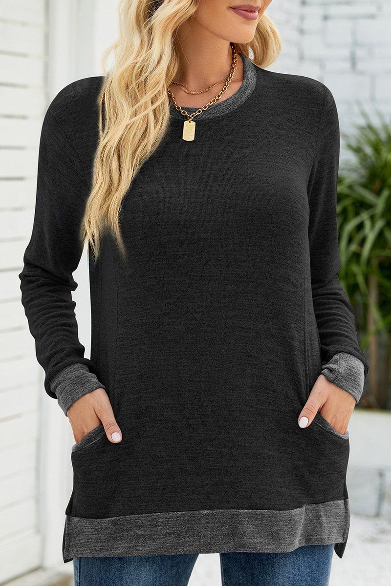 WOMEN ROUND NECK PULLOVER TOP WITH POCKETS