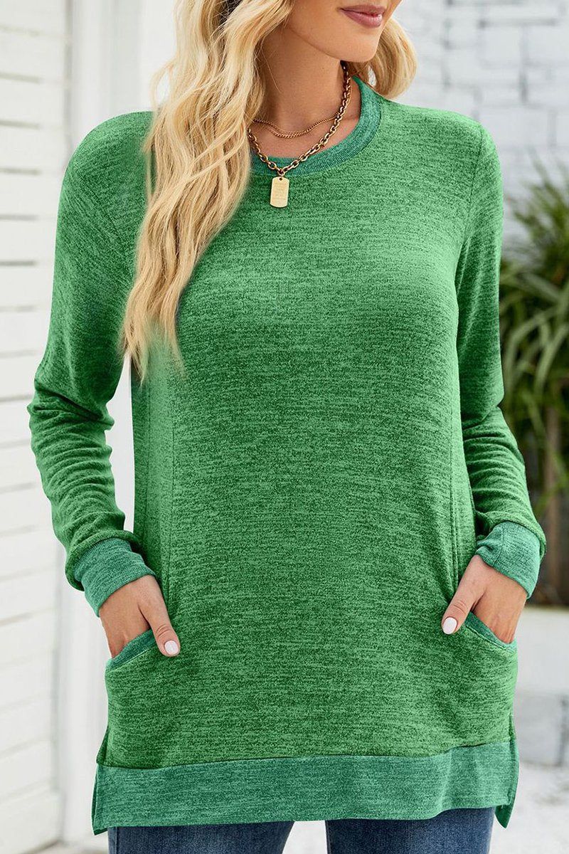 WOMEN ROUND NECK PULLOVER TOP WITH POCKETS