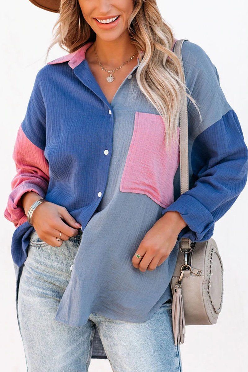 WOMEN OVERSIZED COLOR BLOCK BUTTON UP SHACKET