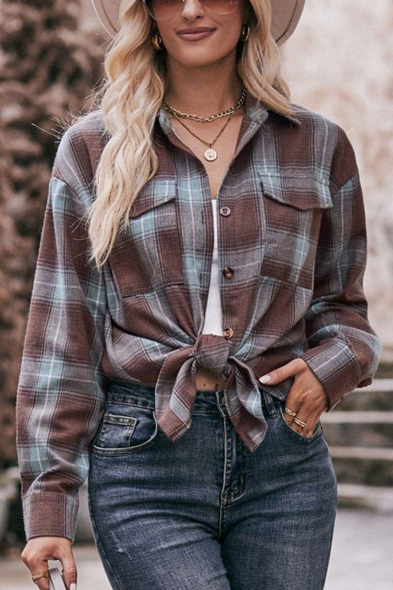 WOMEN PLAID PATTERN FRONT TIED BUTTON UP SHIRTS