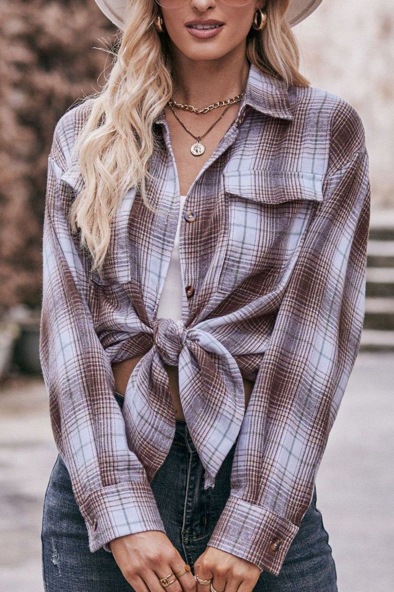 WOMEN PLAID PATTERN FRONT TIED BUTTON UP SHIRTS