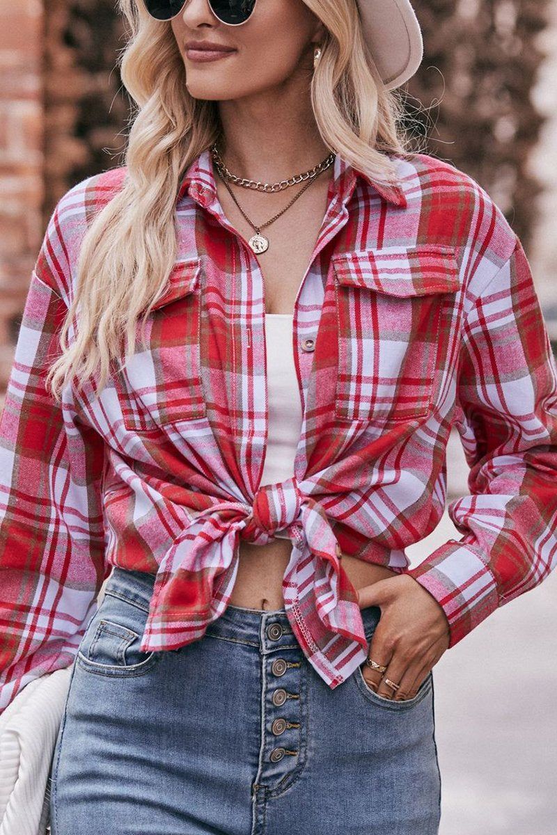 WOMEN PLAID PATTERN FRONT TIED BUTTON UP SHIRTS