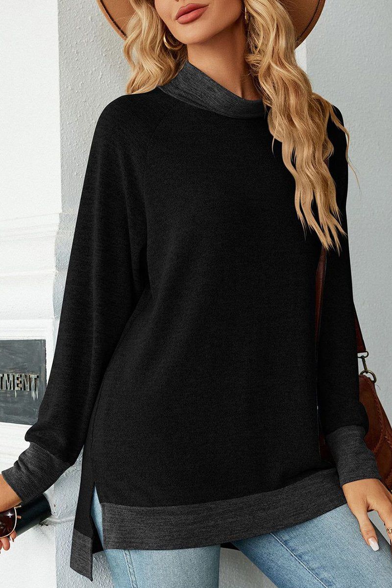 WOMEN HIGH NECK SIDE SLIT OVERSIZED PULLOVER