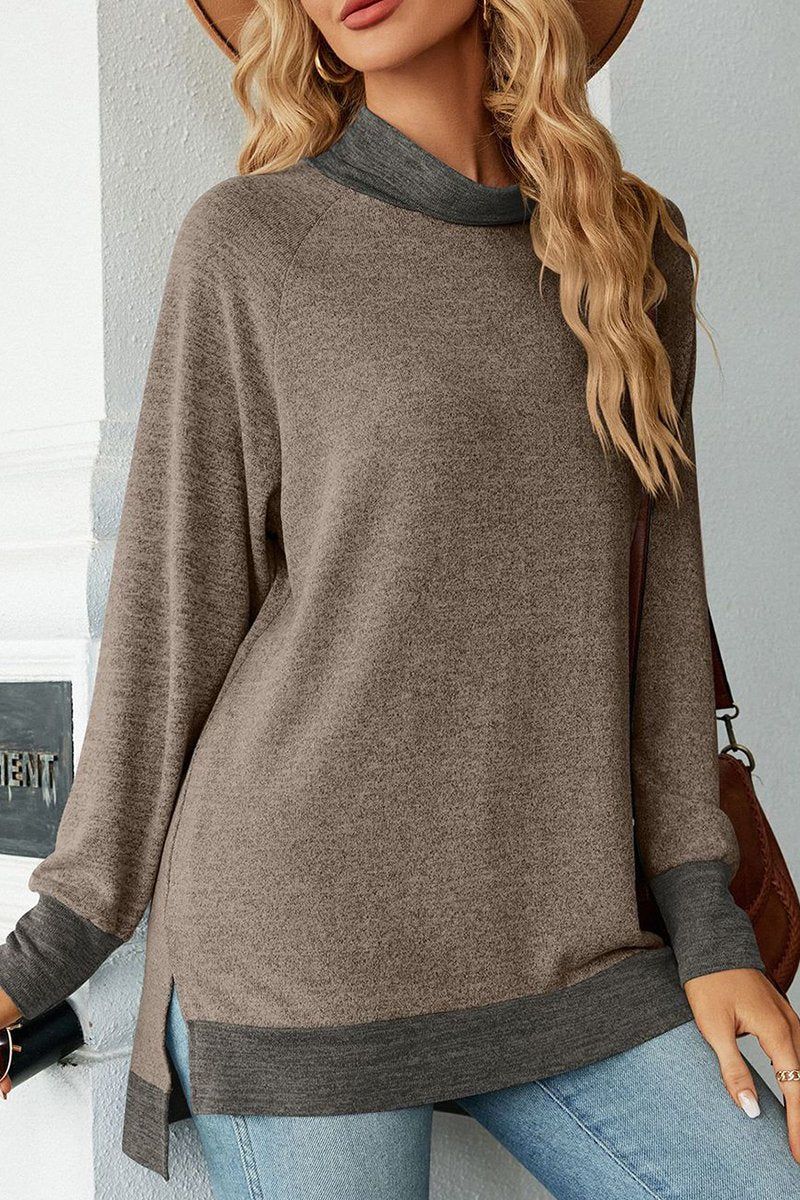 WOMEN HIGH NECK SIDE SLIT OVERSIZED PULLOVER