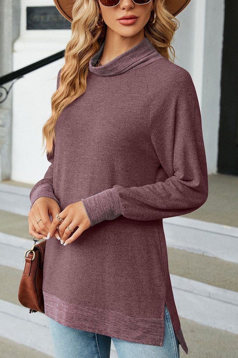 WOMEN HIGH NECK SIDE SLIT OVERSIZED PULLOVER