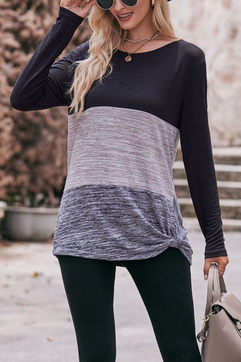 WOMEN COLOR BLOCKED ROUND NECK LONG SLEEVED TOP