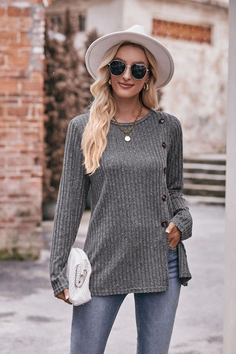 ROUND NECK SIDE BUTTONED LONG LENGTH KNIT TOP