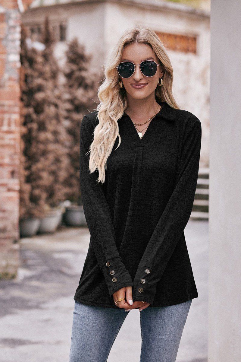 COLLARED V NECK LONG SLEEVE CASUAL BLOUSE TOP