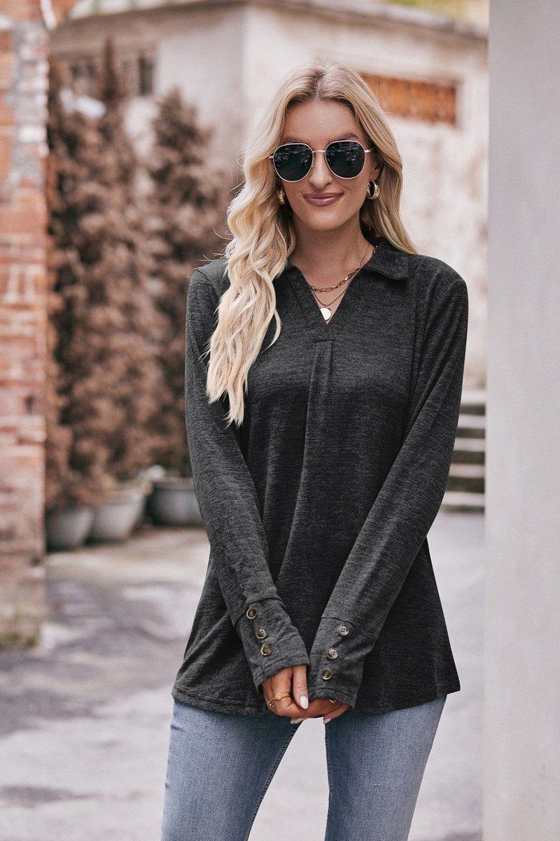 COLLARED V NECK LONG SLEEVE CASUAL BLOUSE TOP