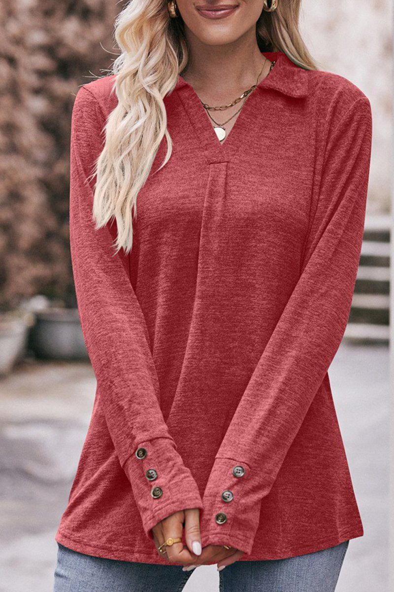 COLLARED V NECK LONG SLEEVE CASUAL BLOUSE TOP