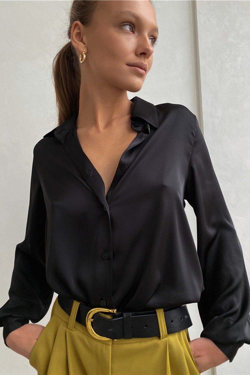 WOMEN LONG SLEEVED SATIN BUTTON UP SHIRTS