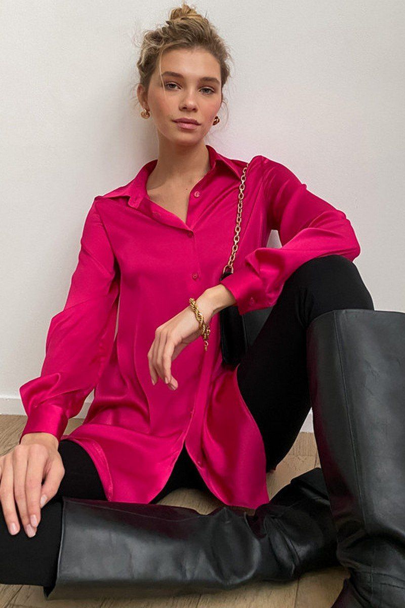 WOMEN LONG SLEEVED SATIN BUTTON UP SHIRTS