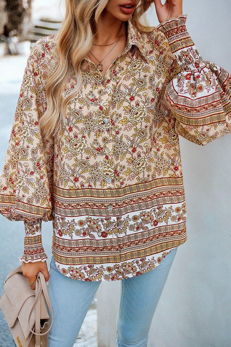 WOMEN BOHEMIAN PATTERN BUTTON UP OVERSIZED SHIRT