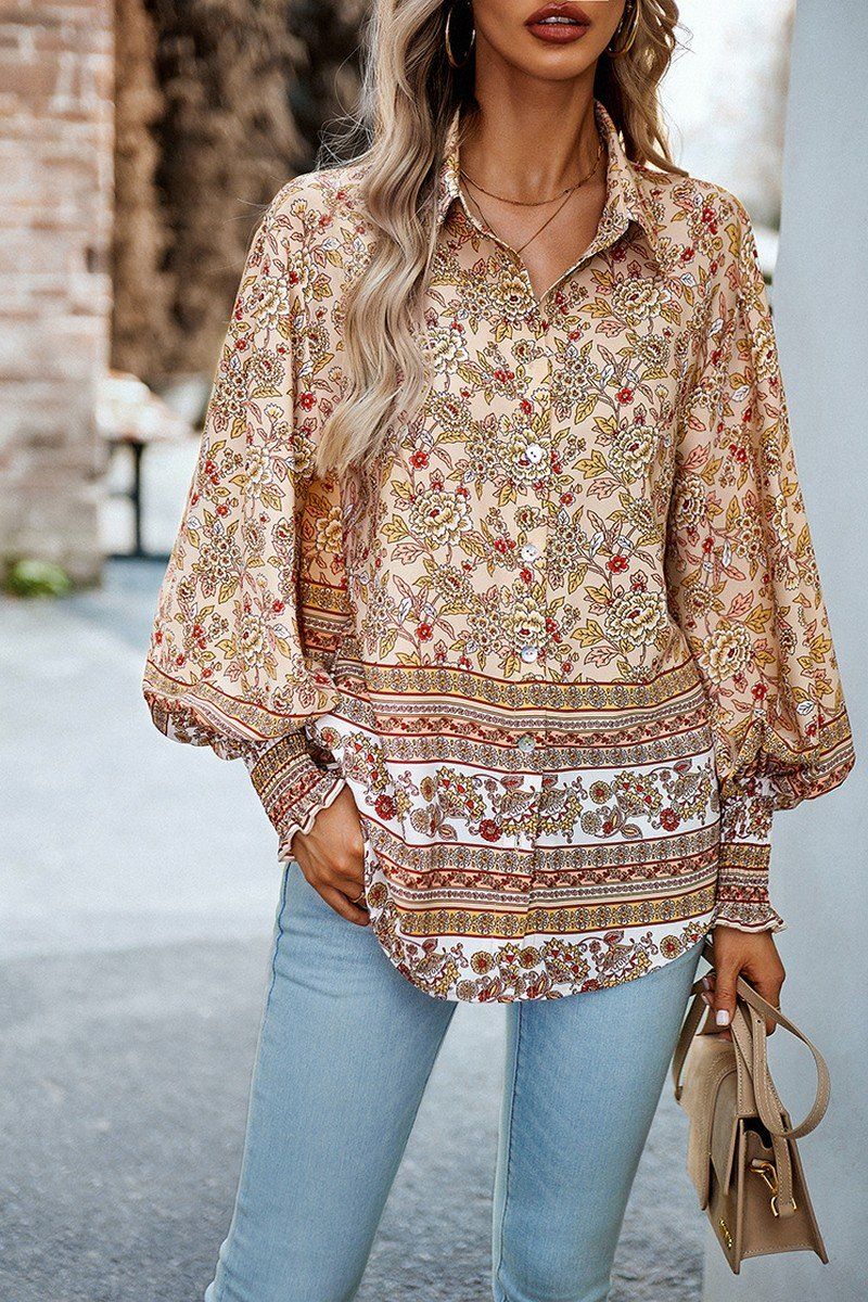 WOMEN BOHEMIAN PATTERN BUTTON UP OVERSIZED SHIRT