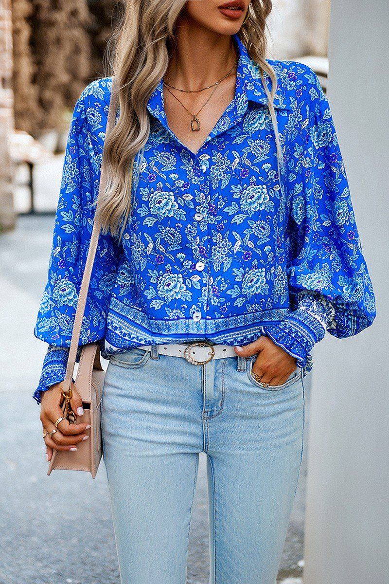 WOMEN BOHEMIAN PATTERN BUTTON UP OVERSIZED SHIRT