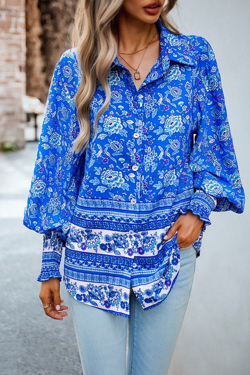 WOMEN BOHEMIAN PATTERN BUTTON UP OVERSIZED SHIRT