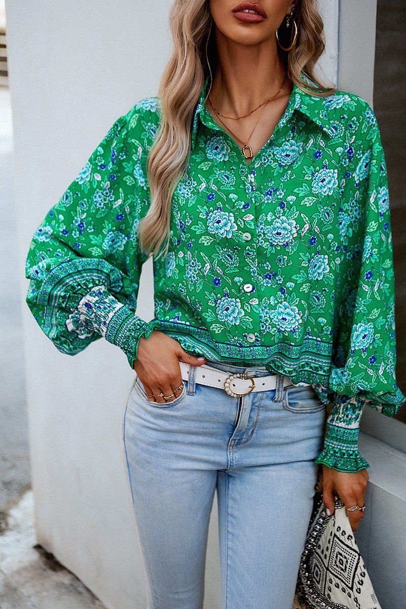 WOMEN BOHEMIAN PATTERN BUTTON UP OVERSIZED SHIRT