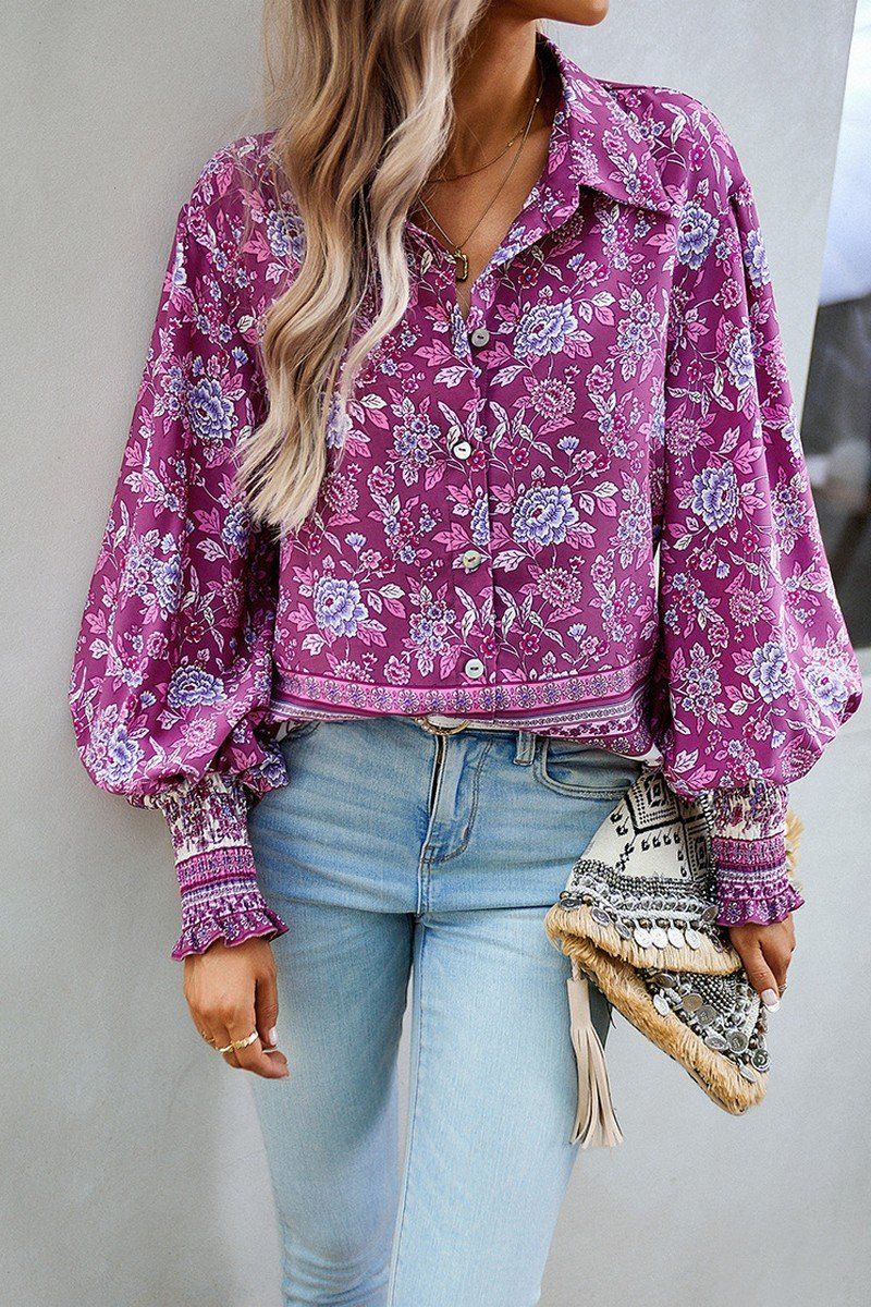 WOMEN BOHEMIAN PATTERN BUTTON UP OVERSIZED SHIRT