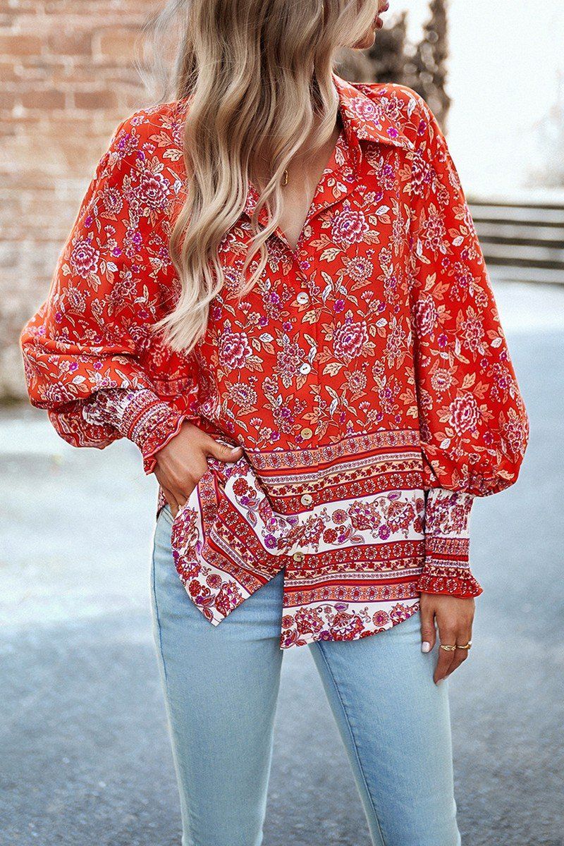 WOMEN BOHEMIAN PATTERN BUTTON UP OVERSIZED SHIRT