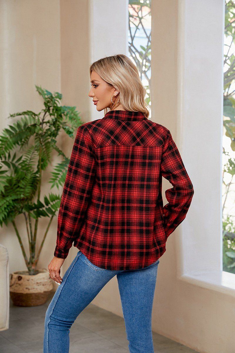 WOMEN BUTTON UP RED PLAID LONG SLEEVE SHIRTS