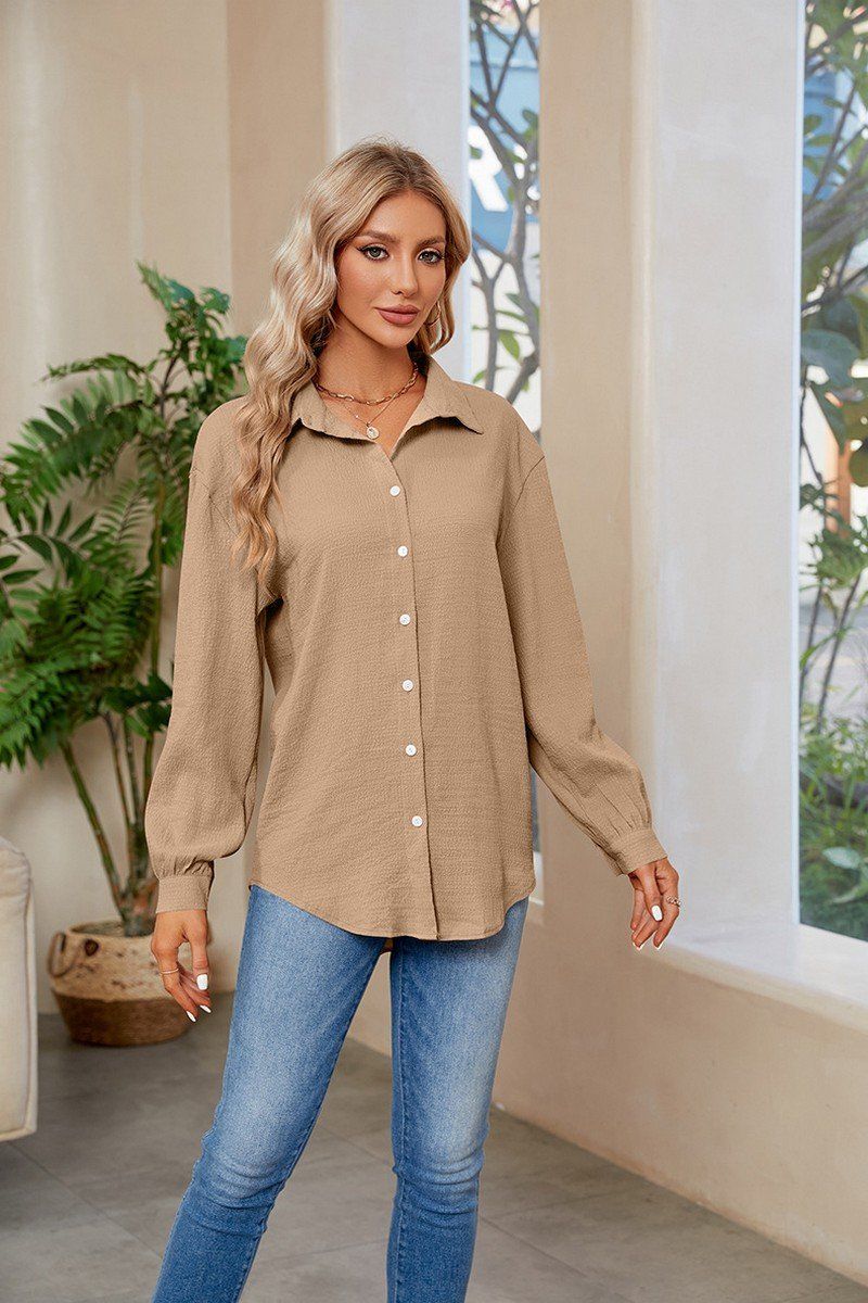 WOMEN SOLID BUTTON UP BASIC DAILY SHIRTS