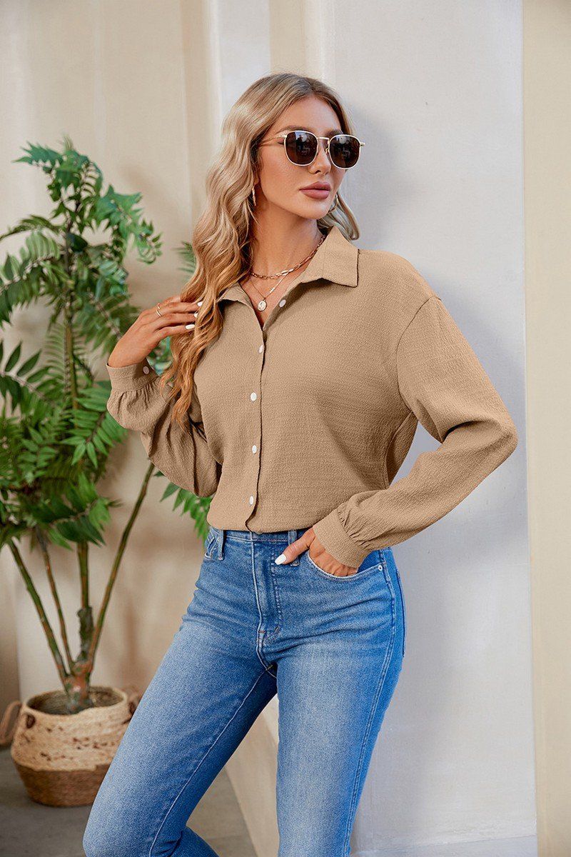 WOMEN SOLID BUTTON UP BASIC DAILY SHIRTS