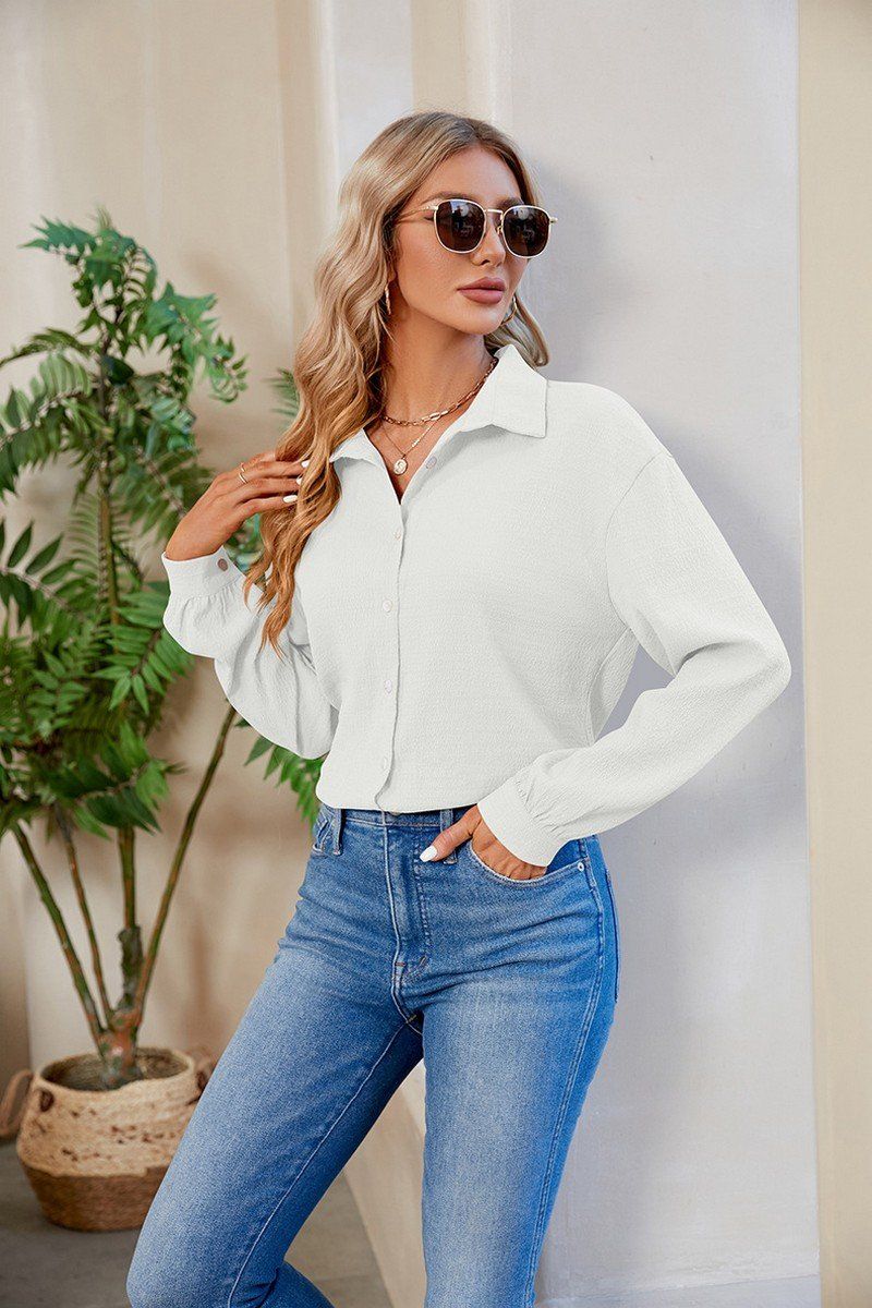 WOMEN SOLID BUTTON UP BASIC DAILY SHIRTS