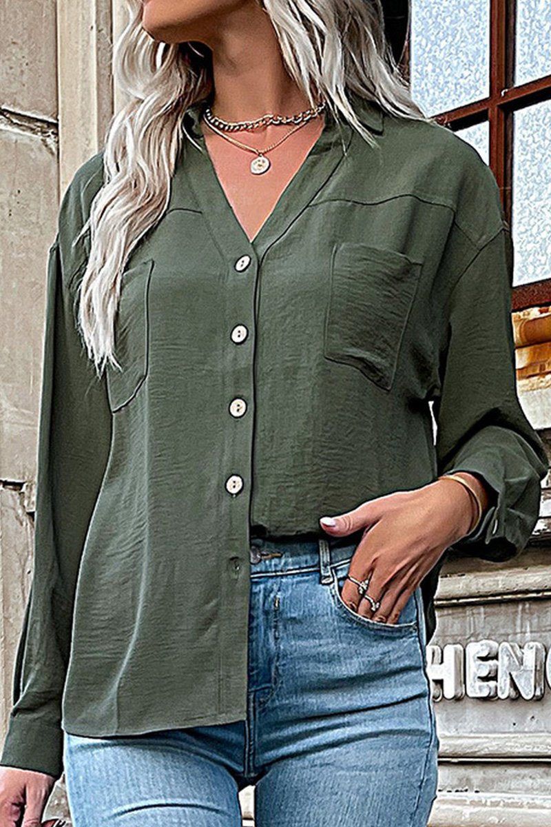 WOMEN V NECK LOOSE FIT BUTTON DOWN SHIRTS