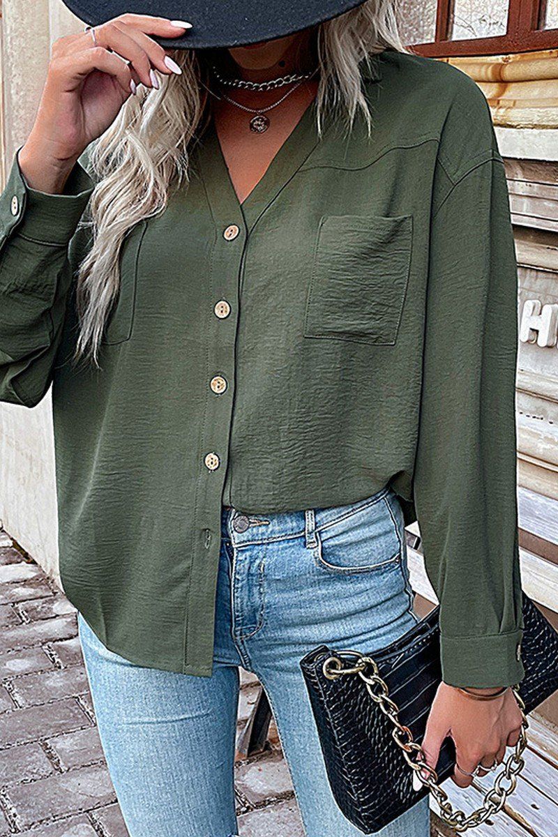 WOMEN V NECK LOOSE FIT BUTTON DOWN SHIRTS