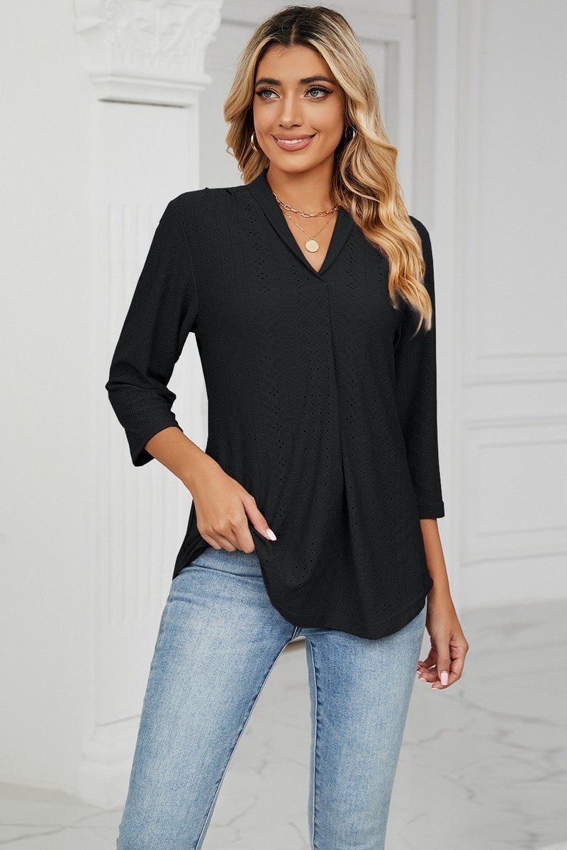 WOMEN EYELET COLLARED 3/4 SLEEVED BLOUSE TOP