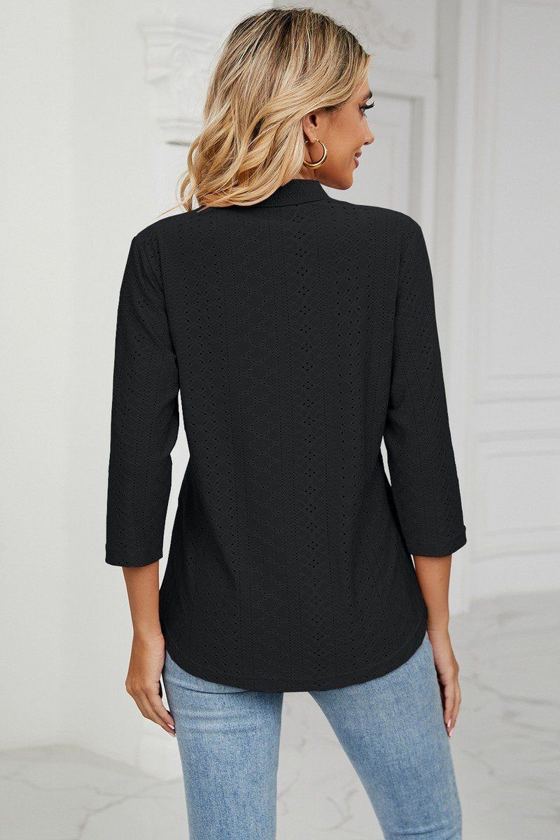 WOMEN EYELET COLLARED 3/4 SLEEVED BLOUSE TOP