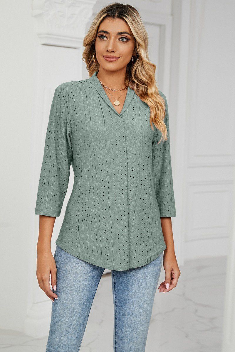 WOMEN EYELET COLLARED 3/4 SLEEVED BLOUSE TOP