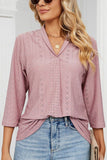 WOMEN EYELET COLLARED 3/4 SLEEVED BLOUSE TOP