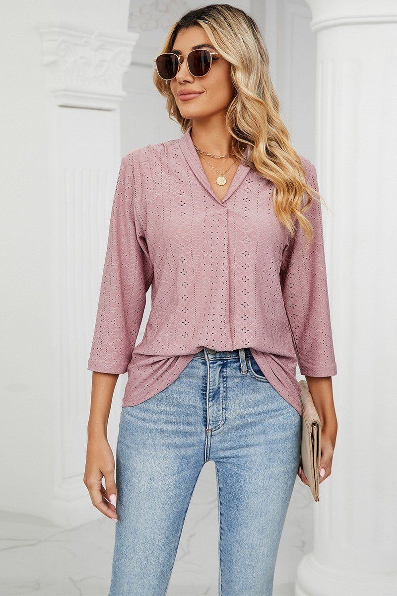 WOMEN EYELET COLLARED 3/4 SLEEVED BLOUSE TOP