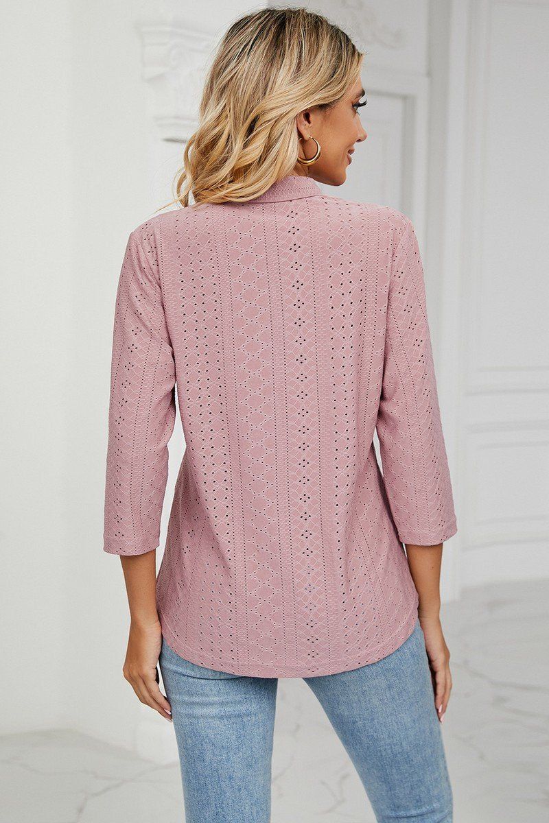 WOMEN EYELET COLLARED 3/4 SLEEVED BLOUSE TOP